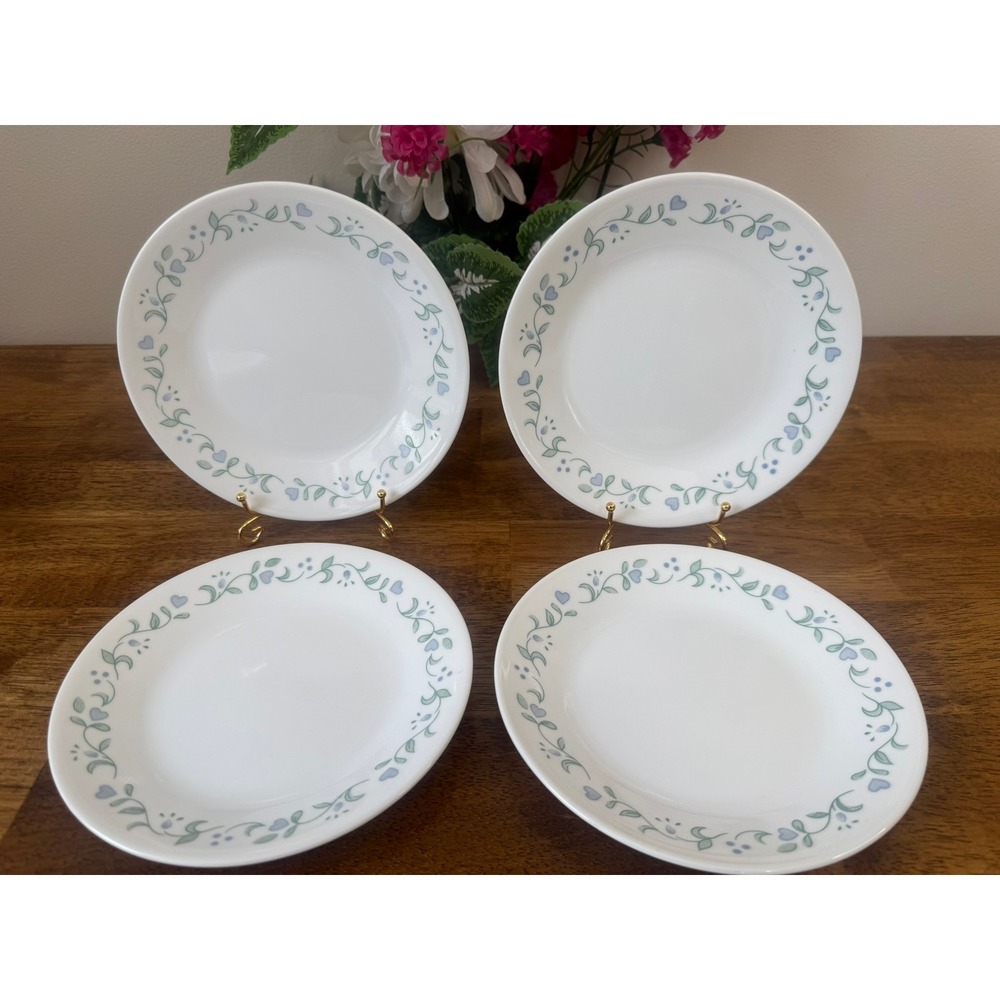 Vintage Corelle Country‎ Cottage Salad Plates Blue Green Hearts USA Set Retro4